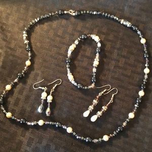 Matching Necklace, Bracelet, Earrings - Black, Silver, White